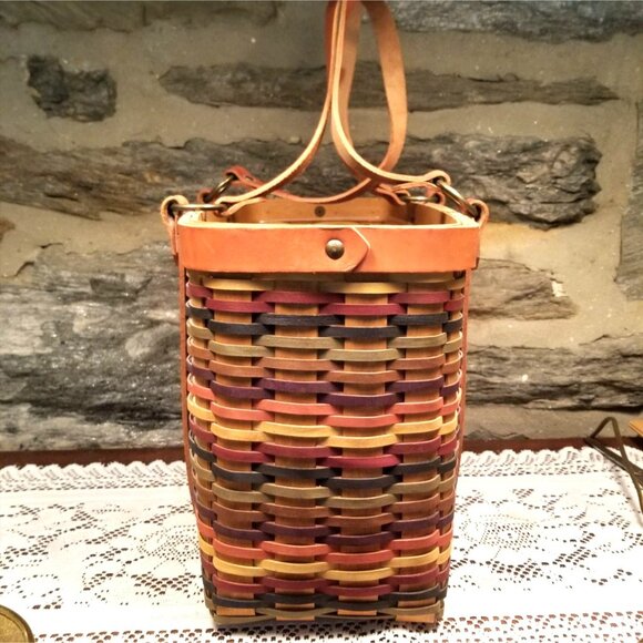 Rare 2008 Longaberger Signature Weave Multicolored Basket Tote Sturdy Leather - Picture 5 of 10